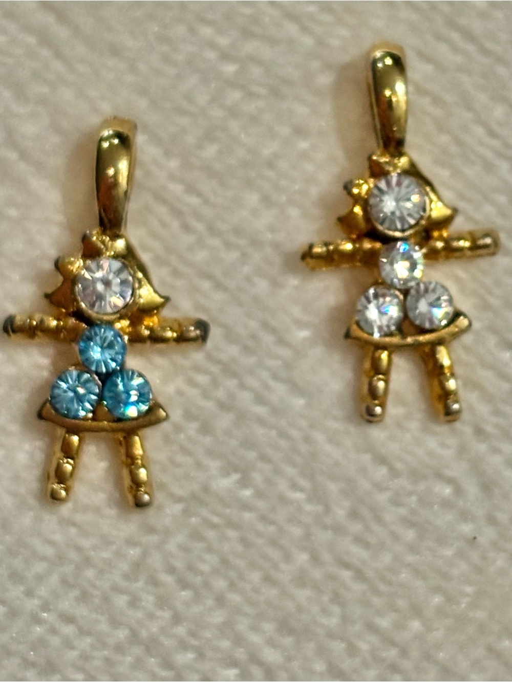 Vintage Rhinestone Boy & Girl Charms Pendants GoldTone Blue & Clear Crystal Pair